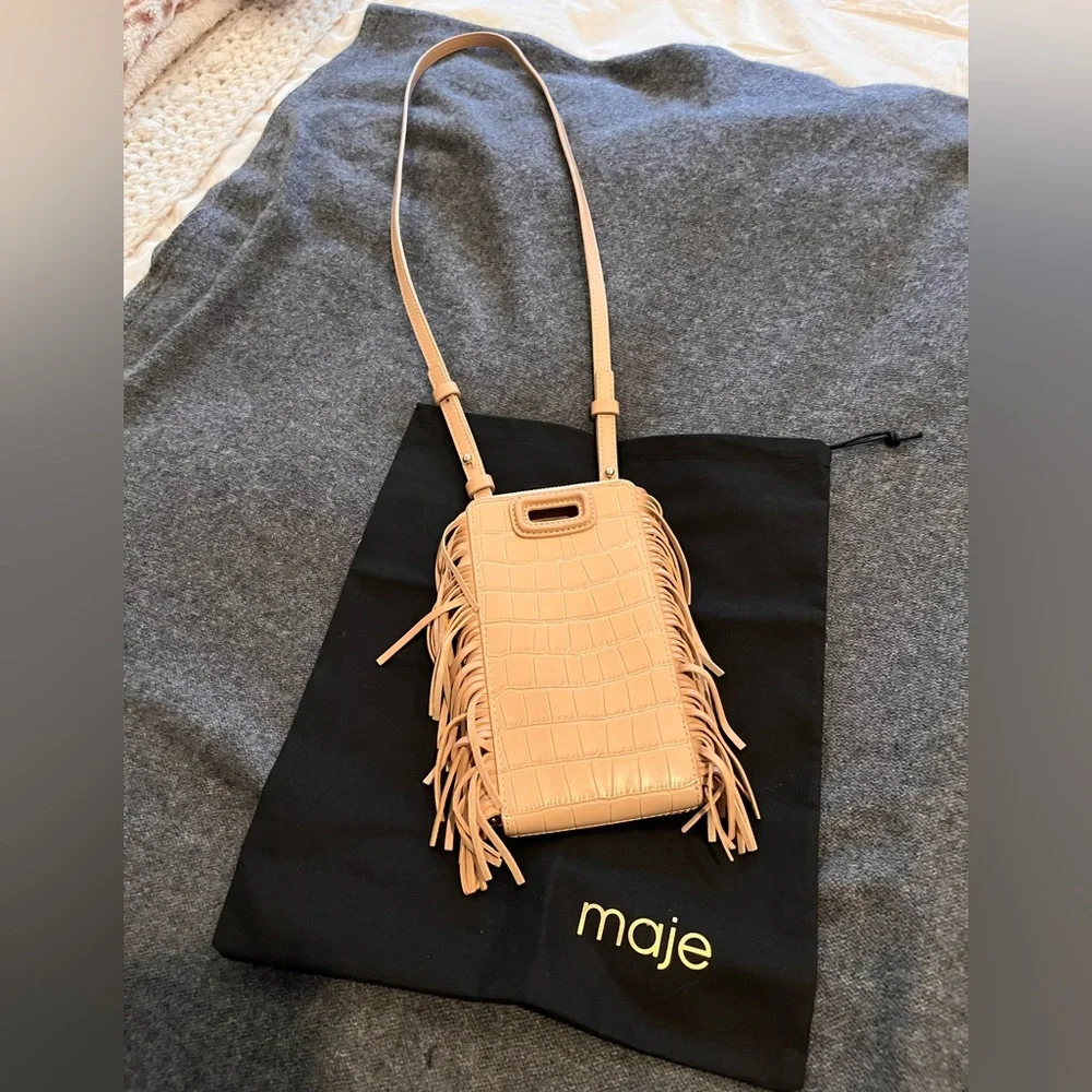 Maje Beige Croc-Embossed Fringe Crossbody Bag - Picture 7 of 9